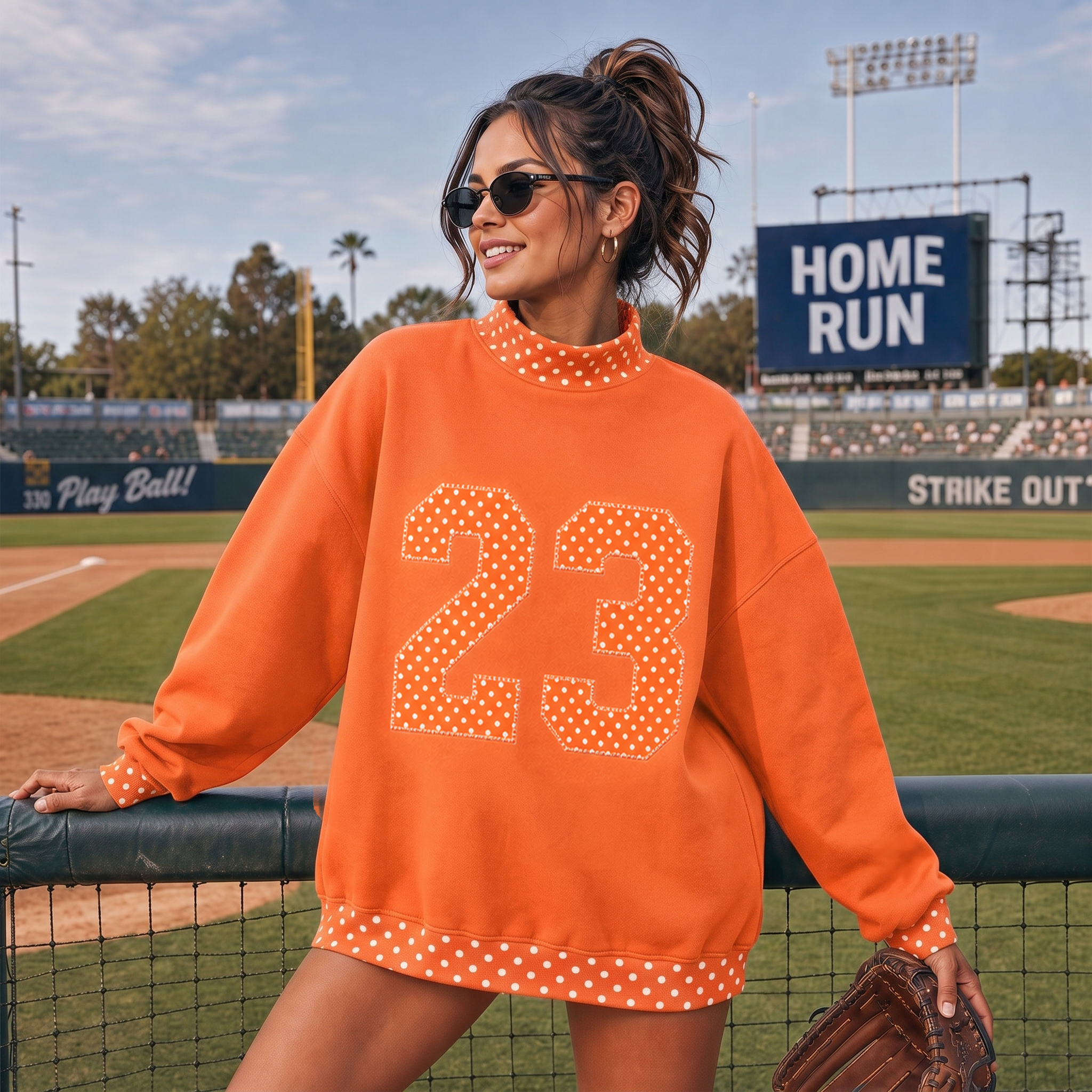 Custom Polka Dot Number Baseball Patchwork Polka Dot Check MockNeck Pullover 