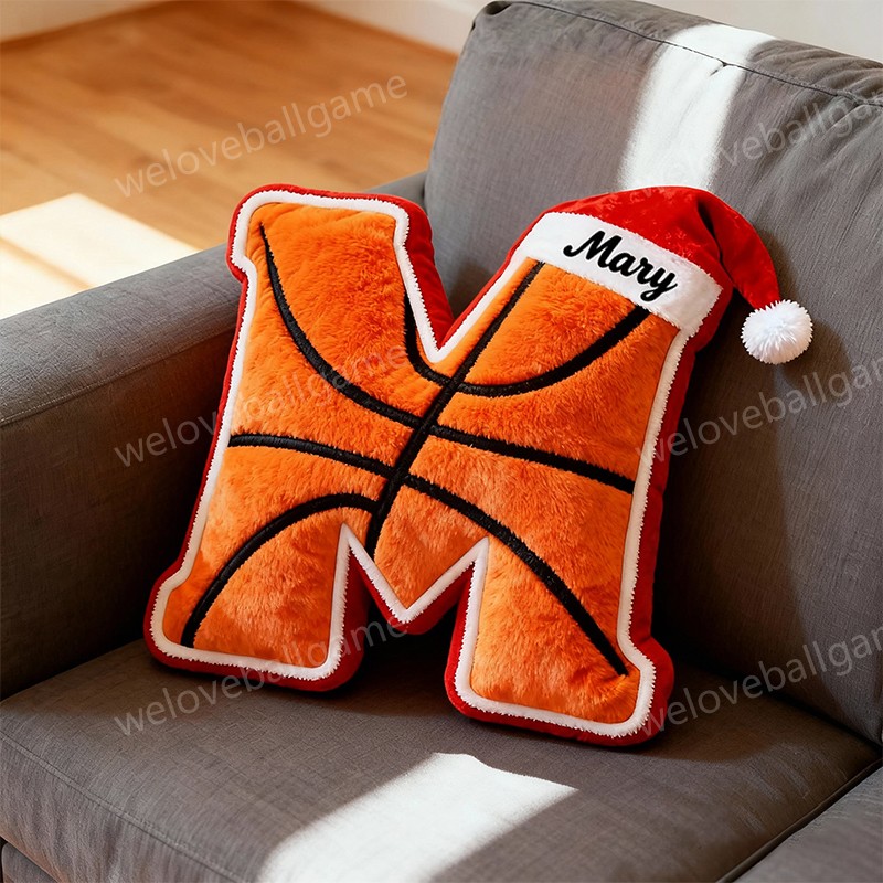 Custom Christmas Santa Hat Basketball Initial Pillow With Custom Name For Kids And Sports Fans