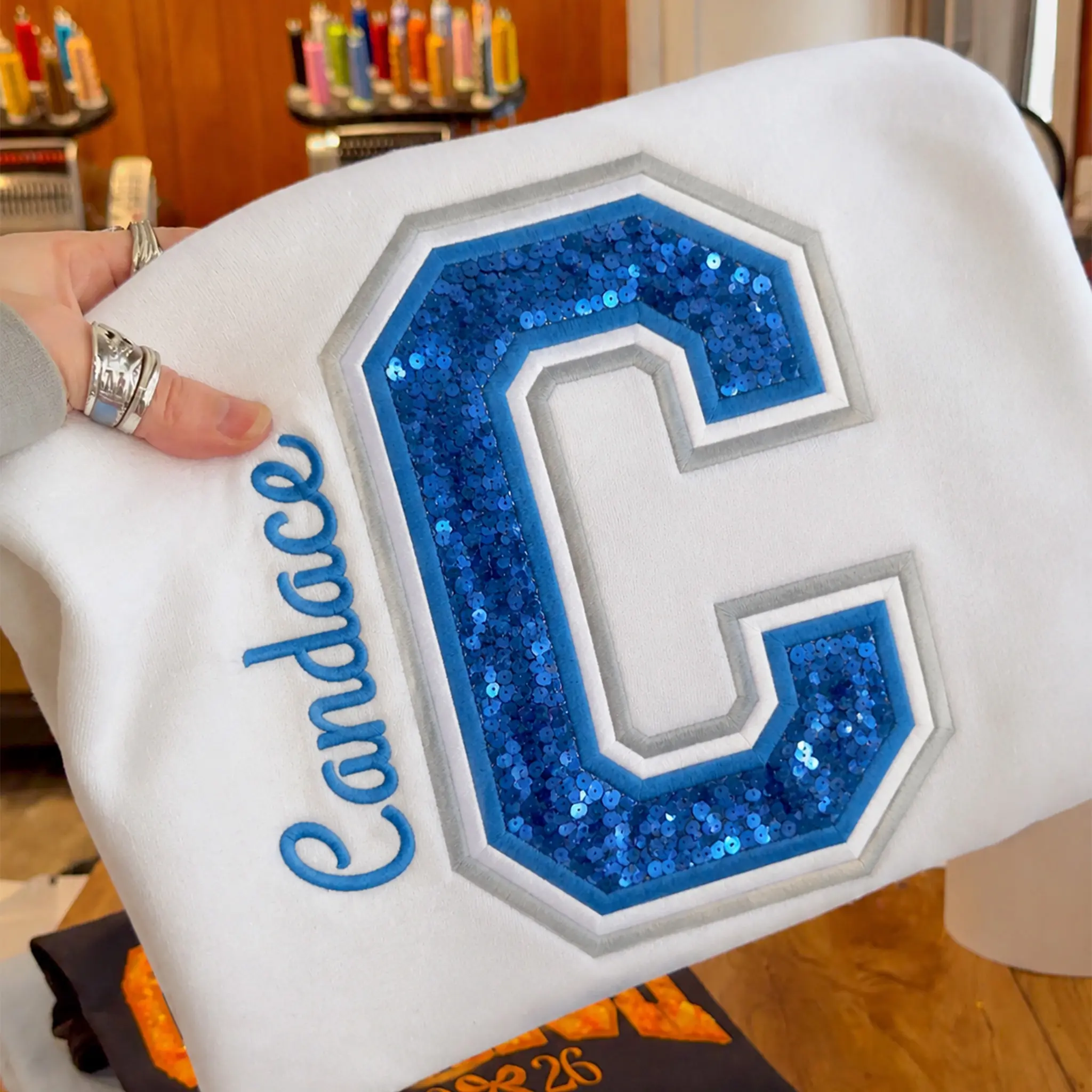 Custom Sequin Varsity Letter Sweatshirt with Multi-Stitched Embroidered Outline - Personalized Sports Fan Gifts