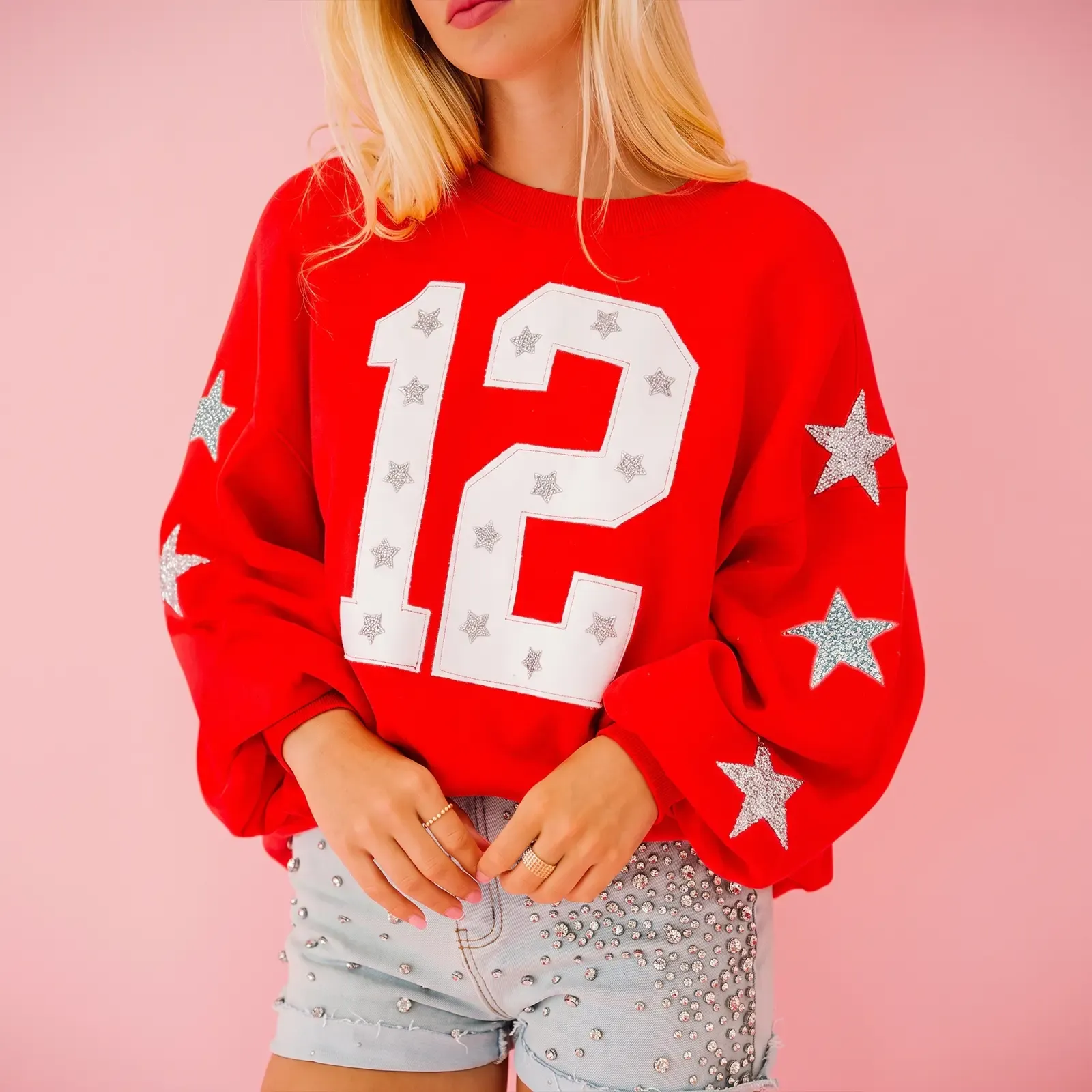 Custom Game Day Team Number & Glitter Star Embroidered Shirt - Personalized Gifts for Sports Lovers