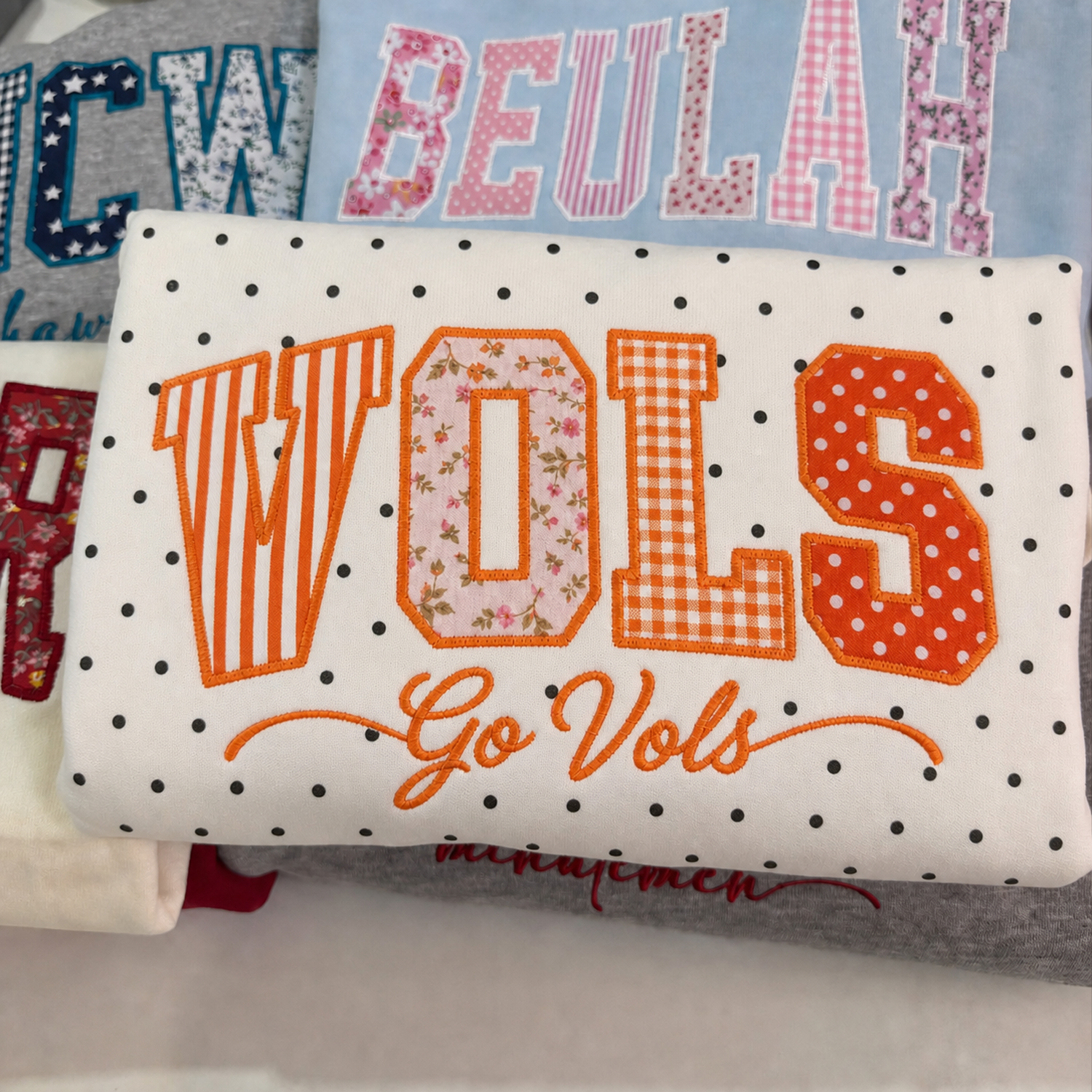 Custom Patchwork Fabric Embroidered Polka Dot Sweatshirt Team and School Name Applique Varsity Letters