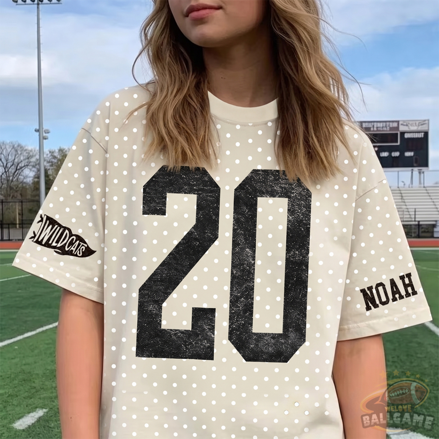 Custom Vintage Varsity Number and Custom Name on Back Polka Dot Washed T-Shirt Game Day School Spirit Shirt