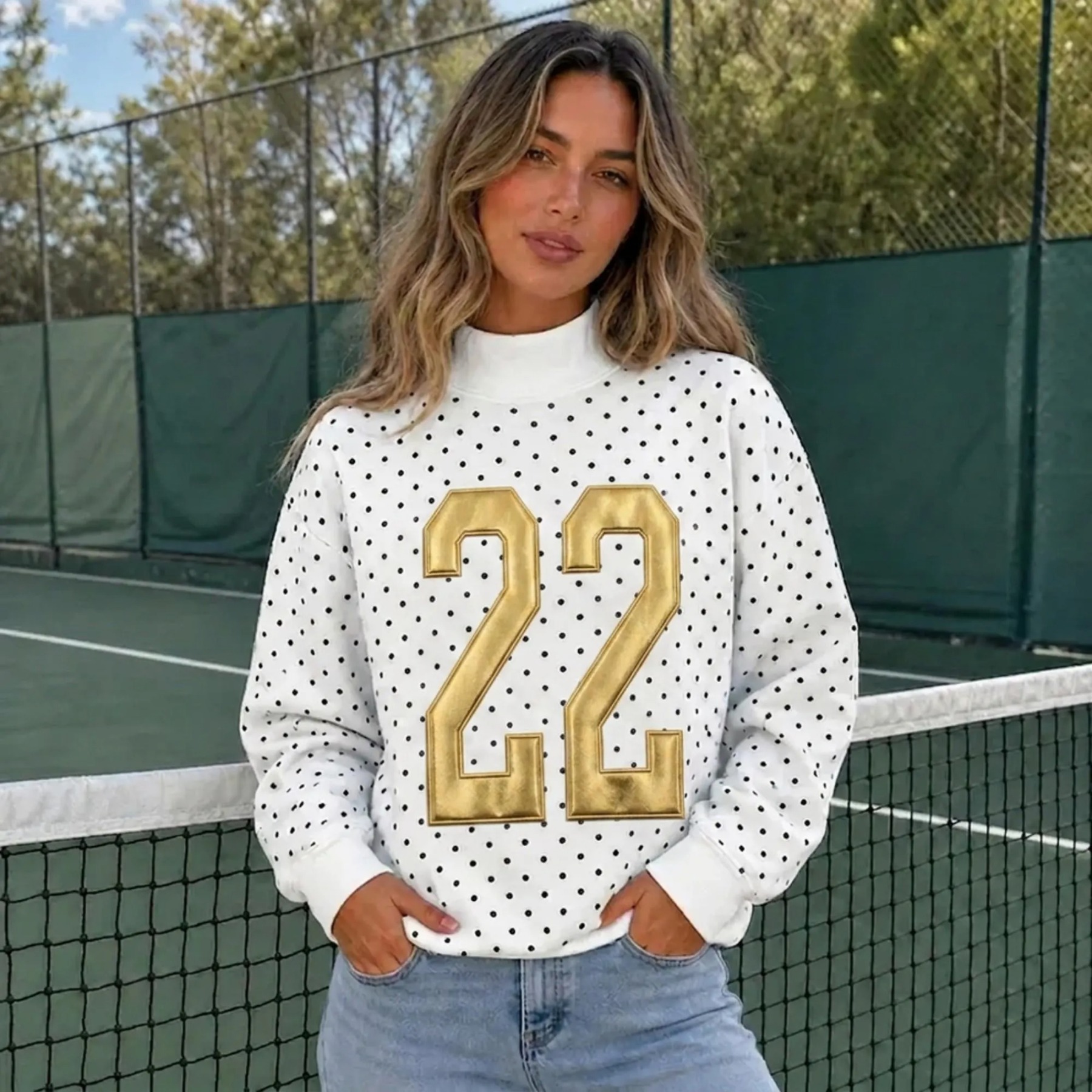 Custom Metallic Puff Number Polka Dot Mockneck, Personalized Team Number Game Day Wear