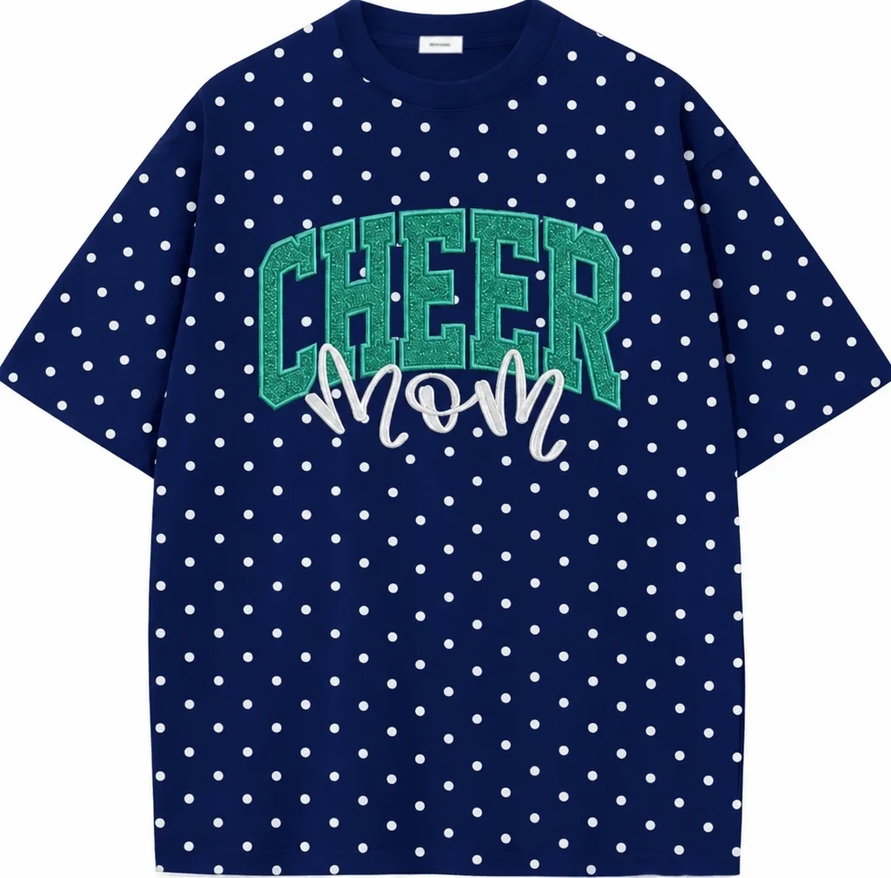 Custom Glitter Embroidered College Cheer Mom Polka Dot T-shirt Sweatshirt, Gifts for Sports Mom, Game Day Wear