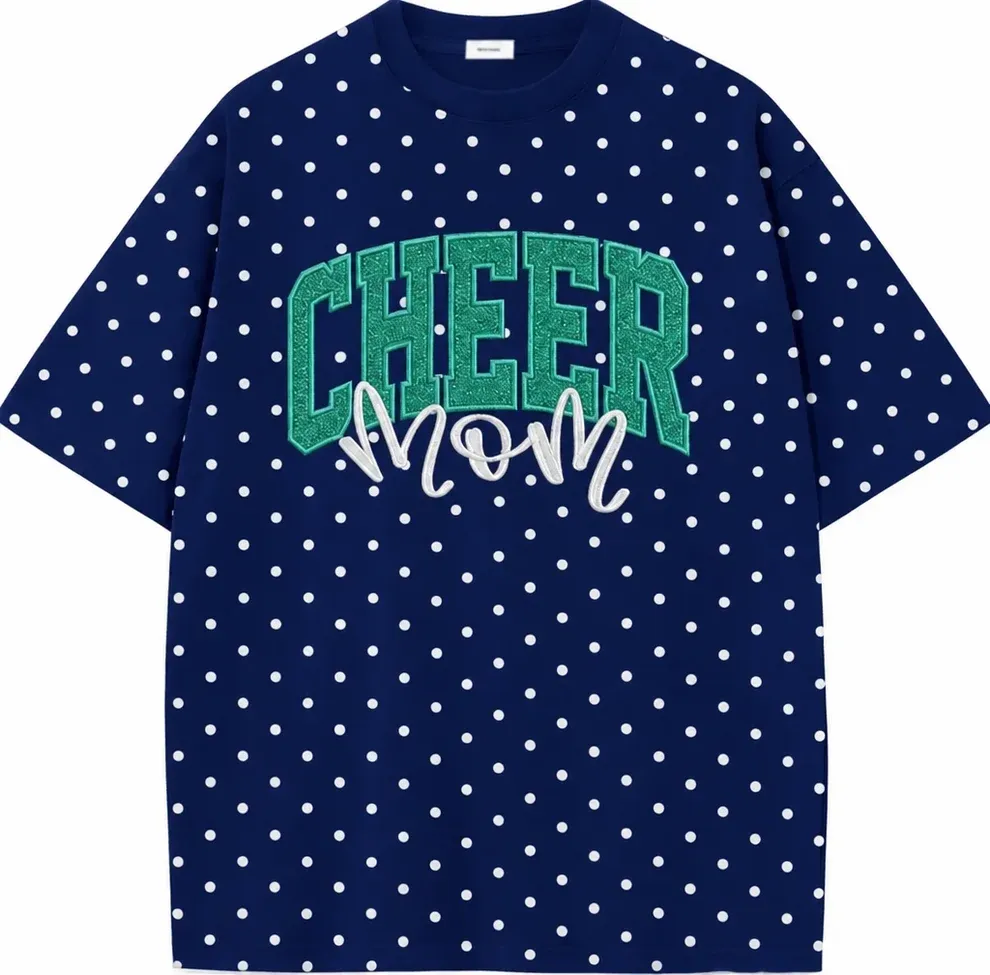 Custom Glitter Embroidered College Cheer Mom Polka Dot T-shirt Sweatshirt, Gifts for Sports Mom, Game Day Wear