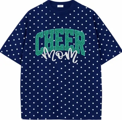 Custom Glitter Embroidered College Cheer Mom Polka Dot T-shirt Sweatshirt, Gifts for Sports Mom, Game Day Wear