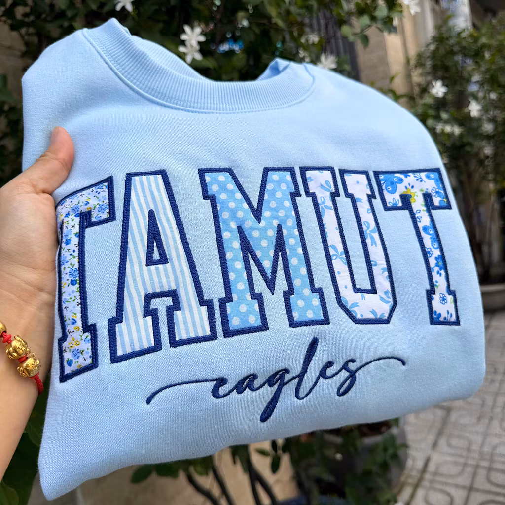 Custom Patchwork Embroidered Sweatshirt, Floral Varsity Crewneck, Personalized College Sweatshirt, Custom Applique Pullover