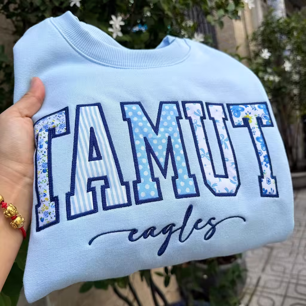Custom Patchwork Embroidered Sweatshirt, Floral Varsity Crewneck, Personalized College Sweatshirt, Custom Applique Pullover