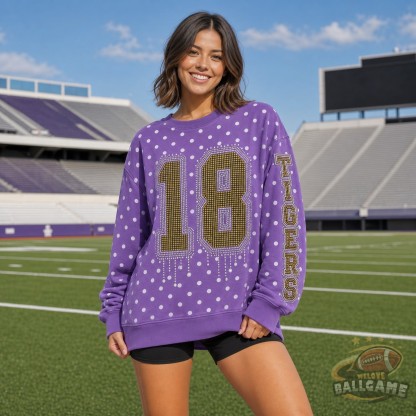 Custom Rhinestone Drip Polka Dot Sweatshirt, Personalized Chest Number & Sleeve Text Game Day Football Fan Top