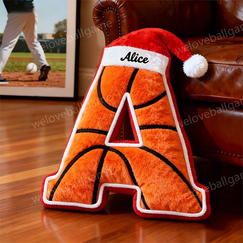 Custom Christmas Santa Hat Basketball Initial Pillow With Custom Name For Kids And Sports Fans