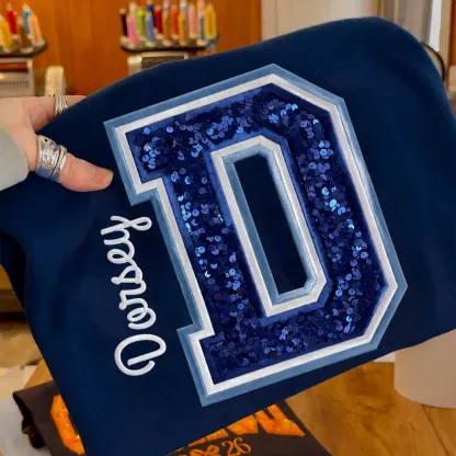 Custom Sequin Varsity Letter Sweatshirt with Multi-Stitched Embroidered Outline - Personalized Sports Fan Gifts
