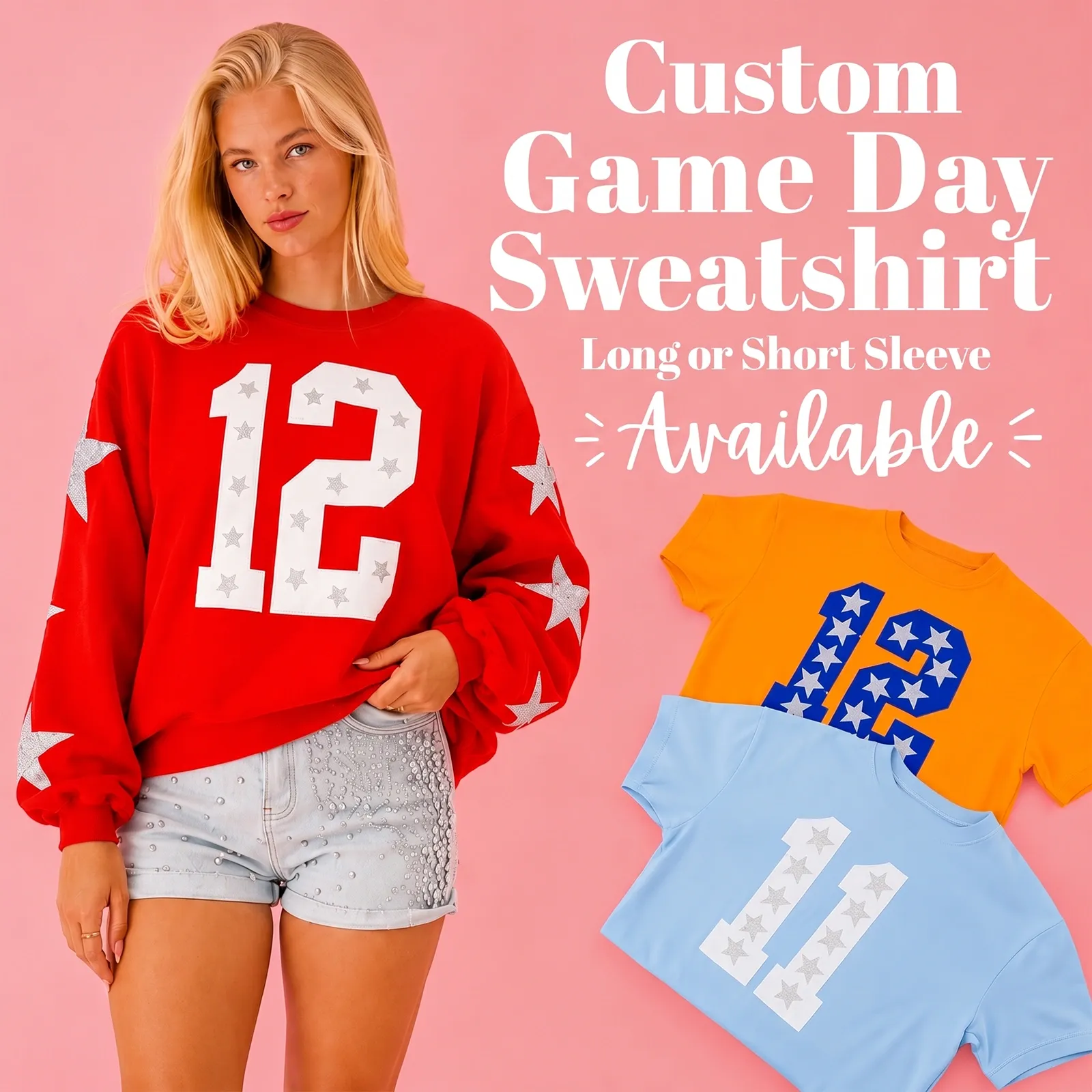 Custom Game Day Team Number & Glitter Star Embroidered Shirt - Personalized Gifts for Sports Lovers