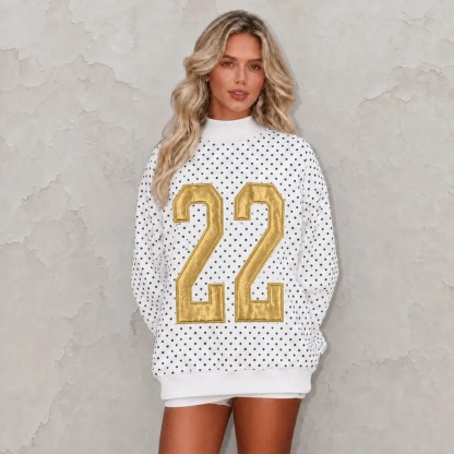 Custom Metallic Puff Number Polka Dot Mockneck, Personalized Team Number Game Day Wear