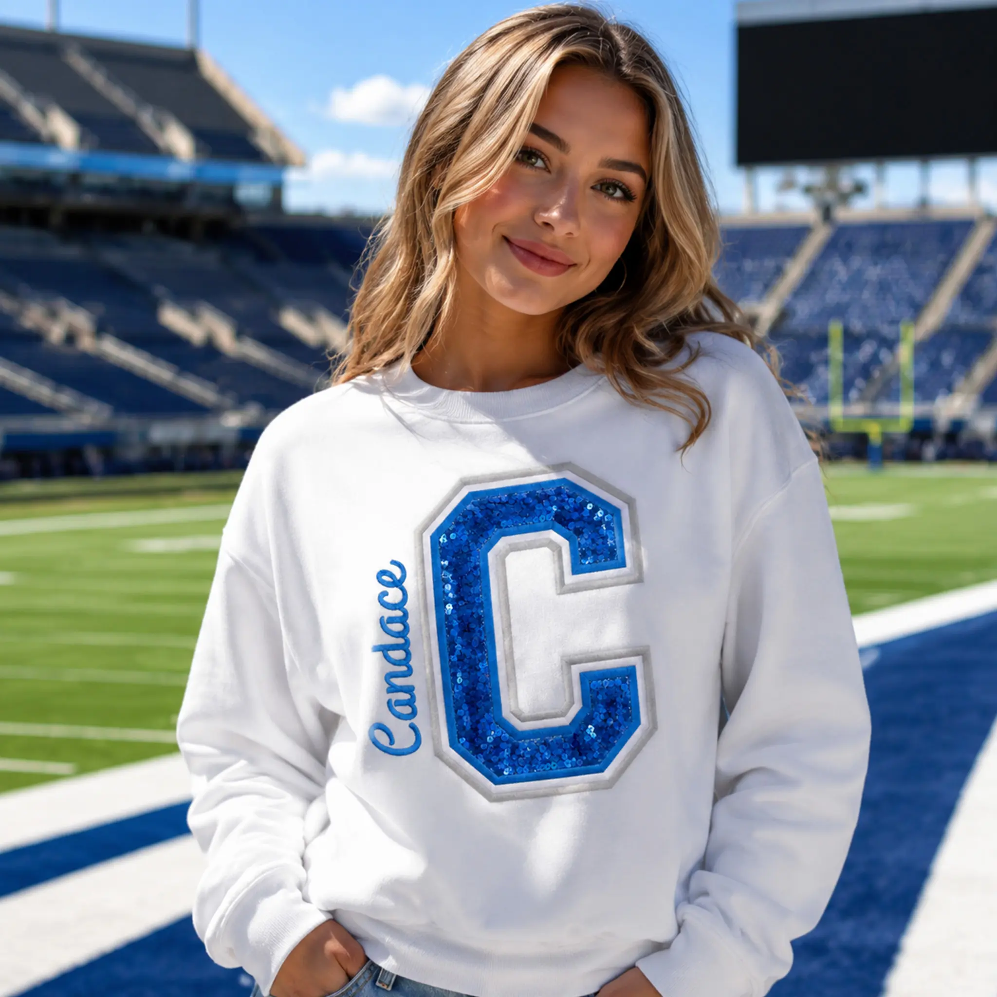 Custom Sequin Varsity Letter Sweatshirt with Multi-Stitched Embroidered Outline - Personalized Sports Fan Gifts