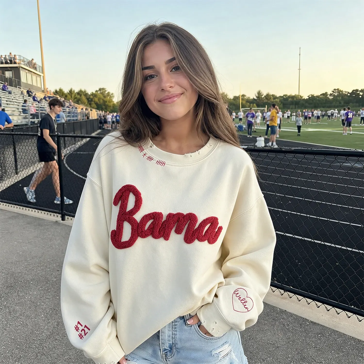 Custom Team Name Chenille Distressed & Ripped Crewneck, Vintage Game Day Style