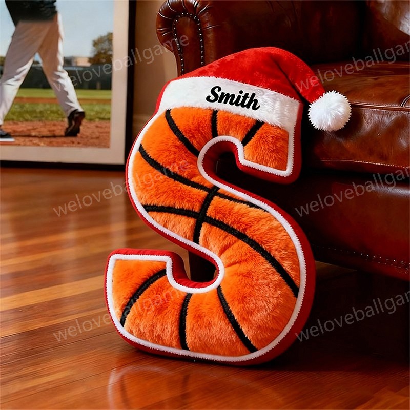 Custom Christmas Santa Hat Basketball Initial Pillow With Custom Name For Kids And Sports Fans