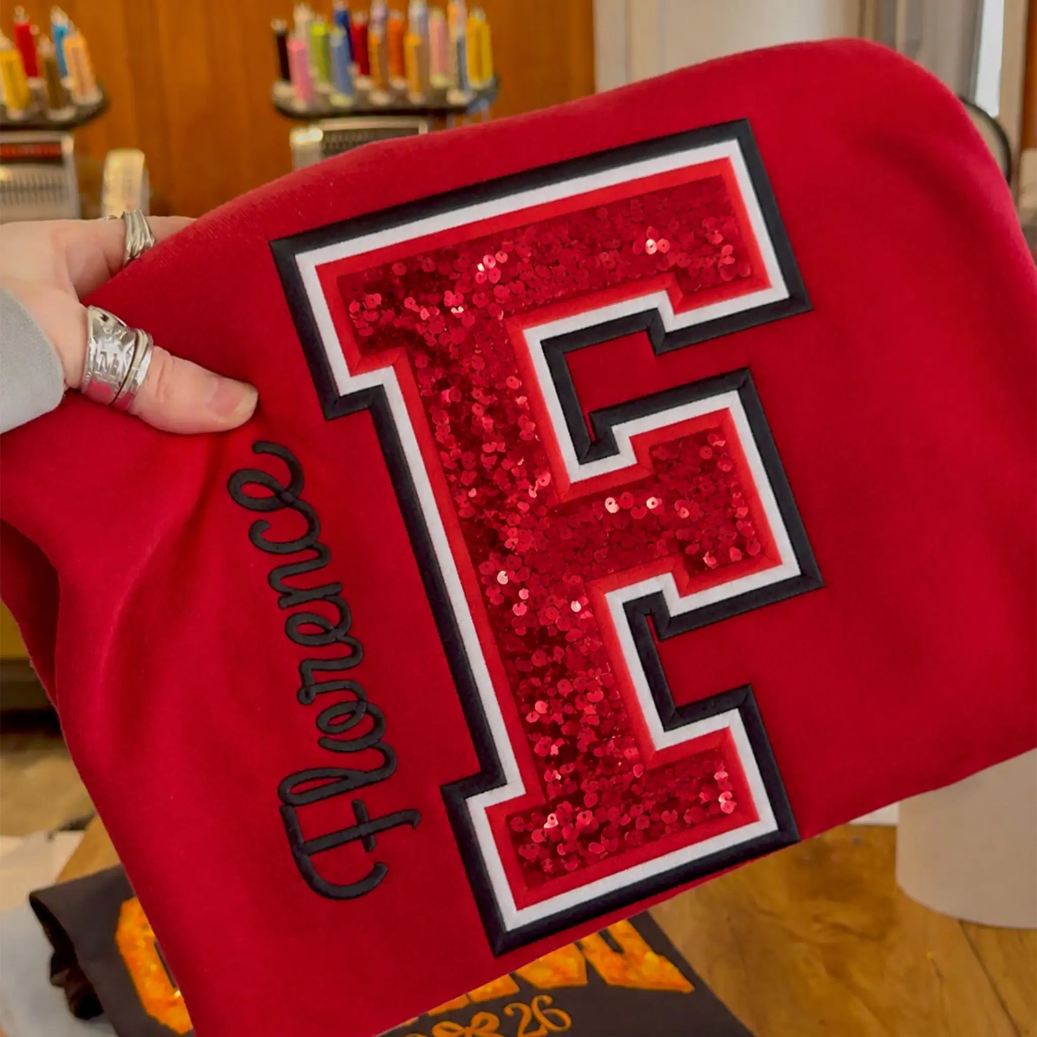 Custom Sequin Varsity Letter Sweatshirt with Multi-Stitched Embroidered Outline - Personalized Sports Fan Gifts