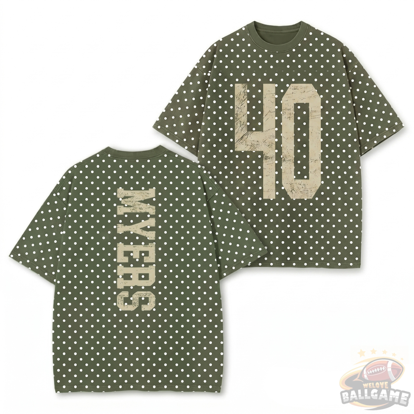 Custom Vintage Varsity Number and Custom Name on Back Polka Dot Washed T-Shirt Game Day School Spirit Shirt