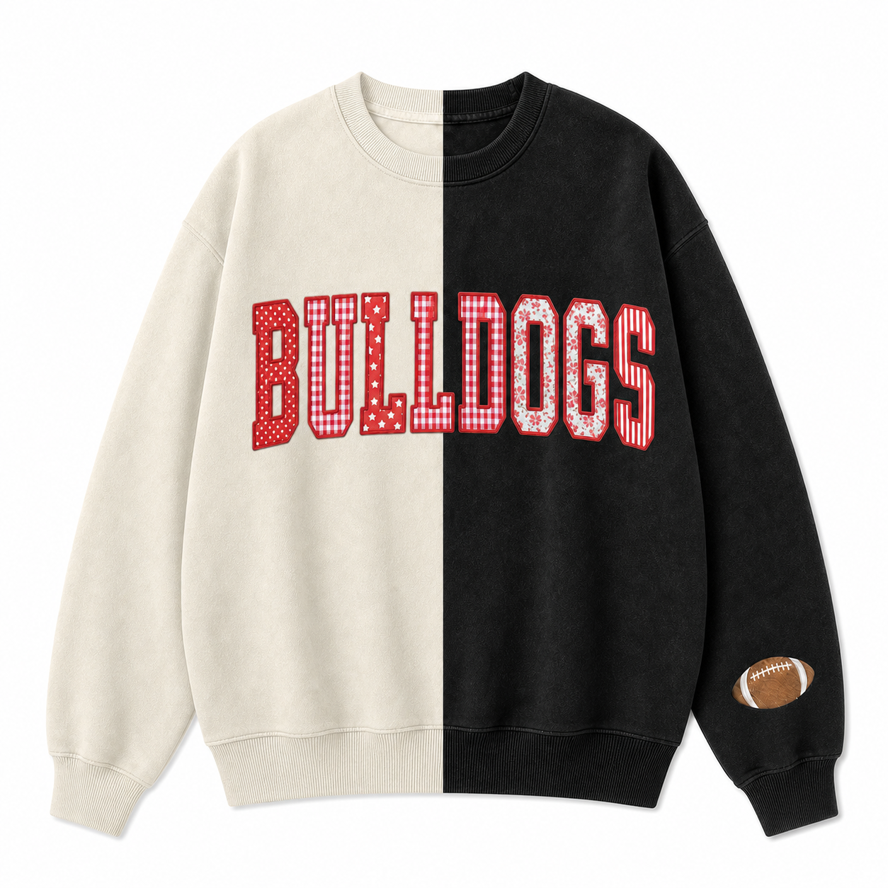 Custom Patchwork Fabric Embroidered Two Tone Sweatshirt For Game Day