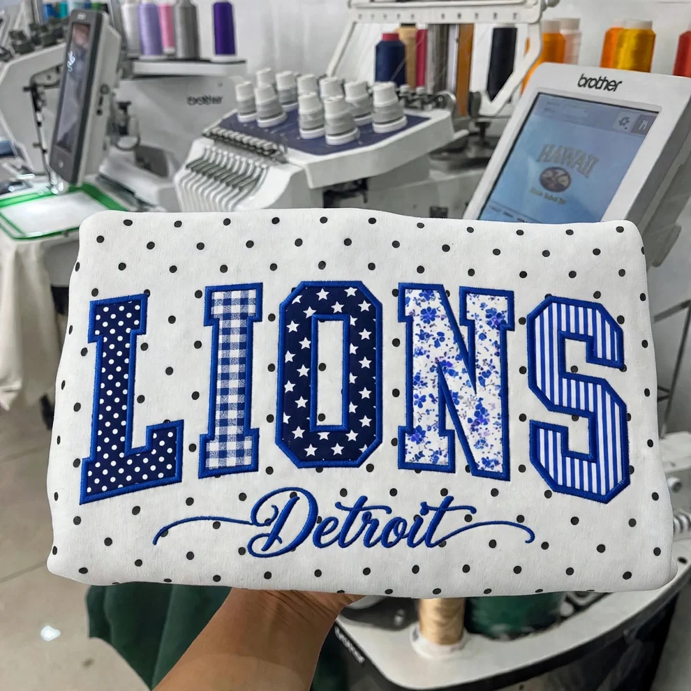 Custom Patchwork Fabric Embroidered Polka Dot Sweatshirt Team and School Name Applique Varsity Letters