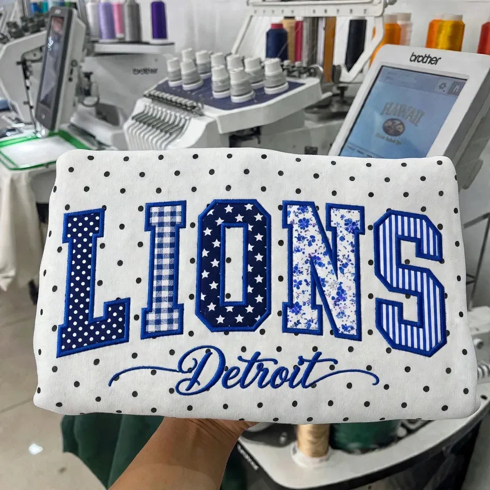 Custom Patchwork Fabric Embroidered Polka Dot Sweatshirt Team and School Name Applique Varsity Letters