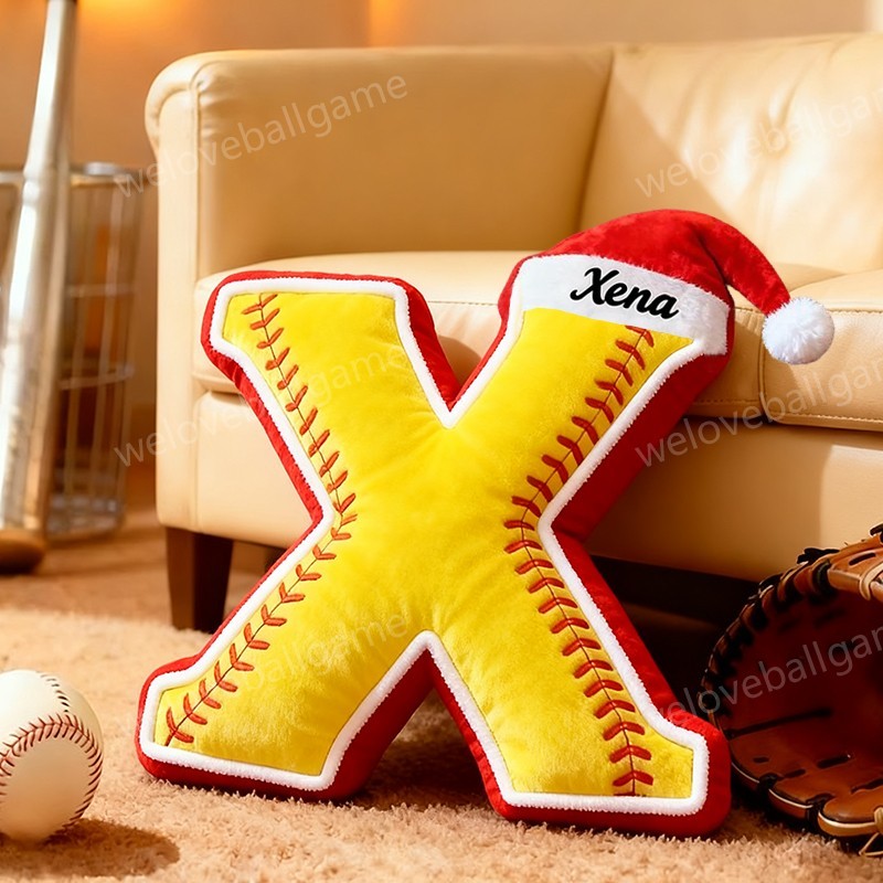 Custom Christmas Santa Hat Softball Initial Throw Pillow With Custom Name For Kids And Sports Fans