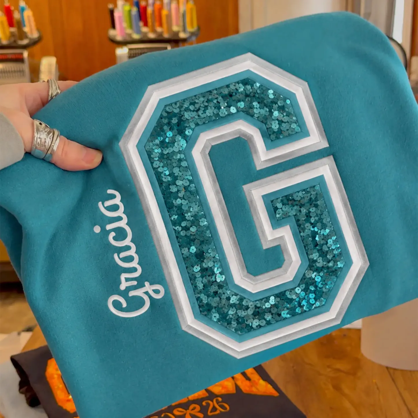 Custom Sequin Varsity Letter Sweatshirt with Multi-Stitched Embroidered Outline - Personalized Sports Fan Gifts