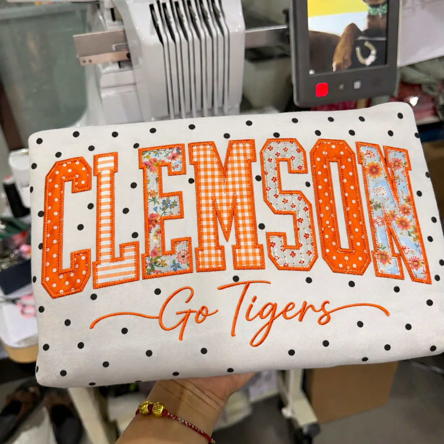 Custom Patchwork Fabric Embroidered Polka Dot Sweatshirt Team and School Name Applique Varsity Letters