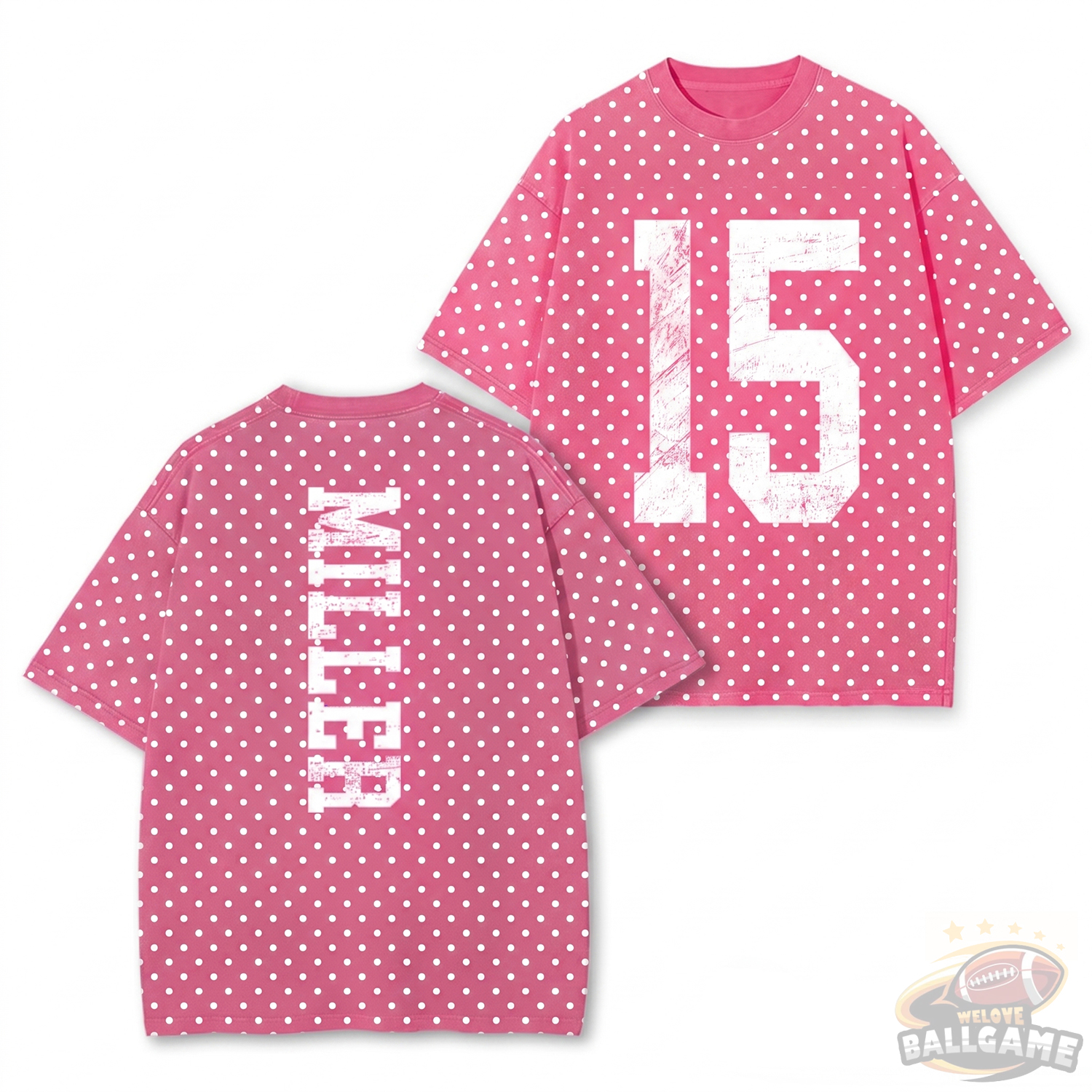 Custom Vintage Varsity Number and Custom Name on Back Polka Dot Washed T-Shirt Game Day School Spirit Shirt