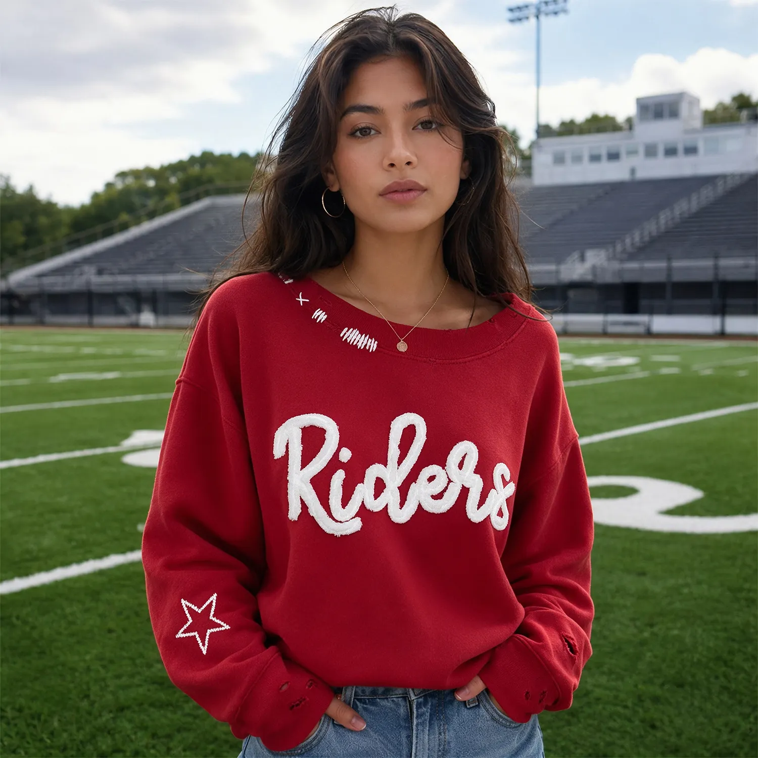 Custom Team Name Chenille Distressed & Ripped Crewneck, Vintage Game Day Style
