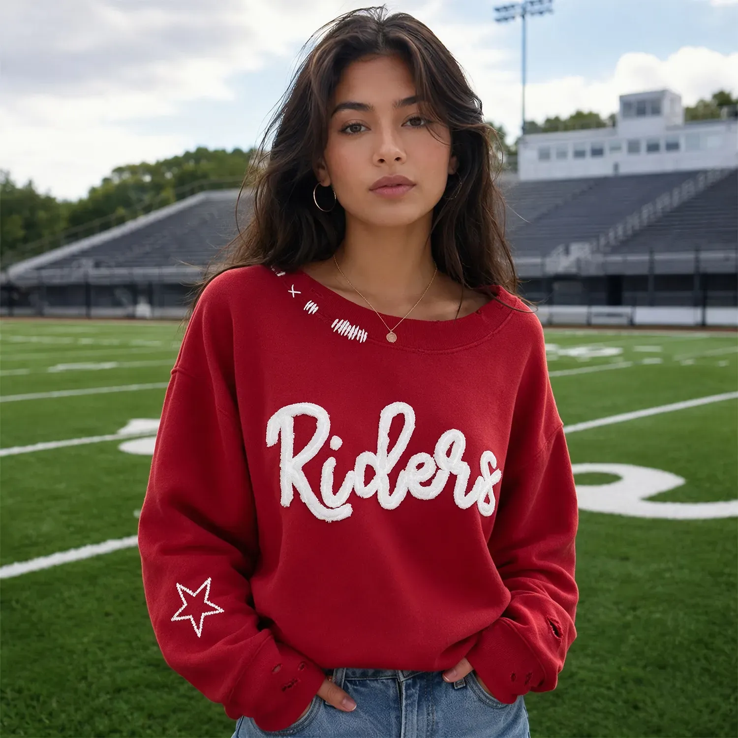 Custom Team Name Chenille Distressed & Ripped Crewneck, Vintage Game Day Style