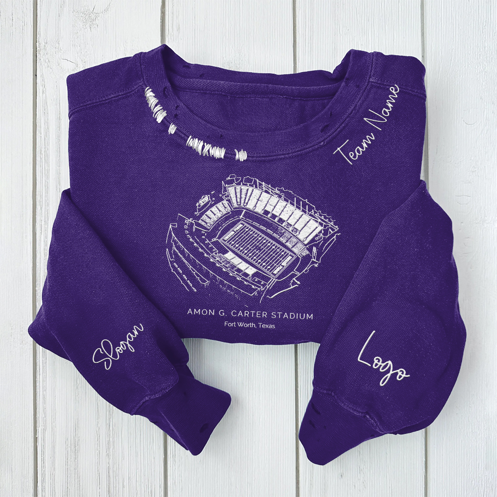 Amon G. Carter Stadium - TCU Horned Frogs football Unisex Distressed Monogram Collar Sleeve Embroidery Chain Stitch Sweatshirt