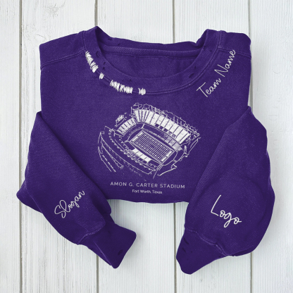 Amon G. Carter Stadium - TCU Horned Frogs football Unisex Distressed Monogram Collar Sleeve Embroidery Chain Stitch Sweatshirt