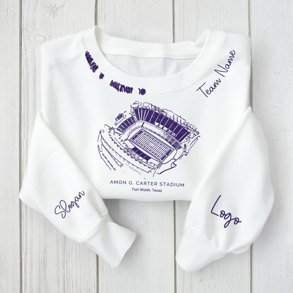 Amon G. Carter Stadium - TCU Horned Frogs football Unisex Distressed Monogram Collar Sleeve Embroidery Chain Stitch Sweatshirt