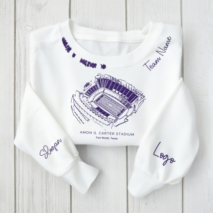 Amon G. Carter Stadium - TCU Horned Frogs football Unisex Distressed Monogram Collar Sleeve Embroidery Chain Stitch Sweatshirt