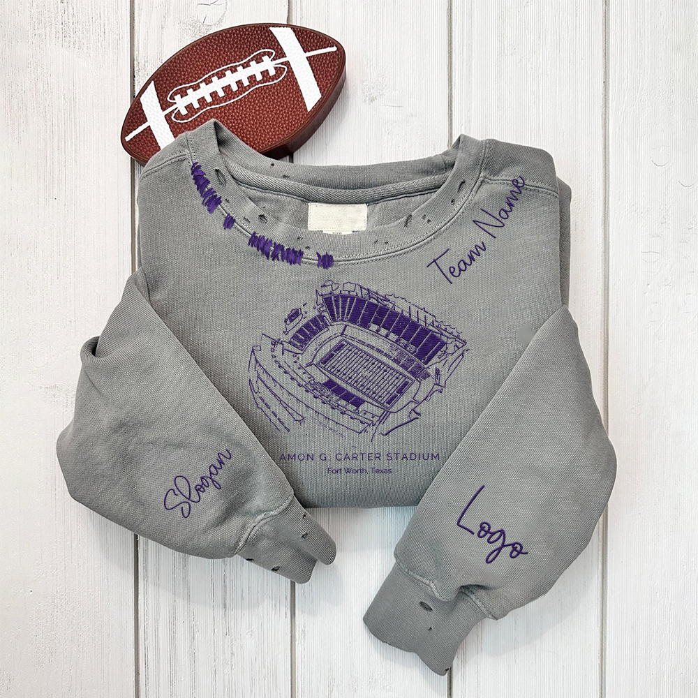Amon G. Carter Stadium - TCU Horned Frogs football Unisex Distressed Monogram Collar Sleeve Embroidery Chain Stitch Sweatshirt