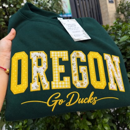 Custom Oregon Patchwork Fabric Embroidered Sweatshirt, Personalized Floral Varsity College Sweatshirt