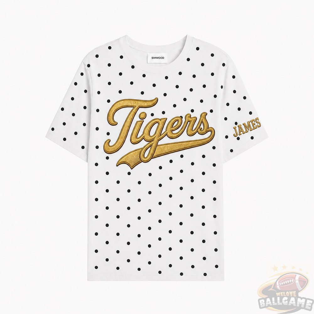 Custom Metallic Puff Team Name Polka Dot T-Shirt, Personalized Team Name Game Day Tee