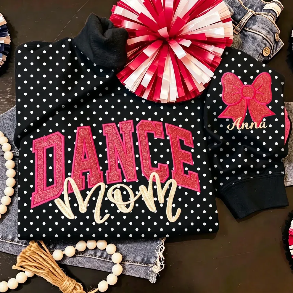 Custom Glitter Embroidered College Cheer Mom Polka Dot Sweatshirt, Gifts for Sports Mom, Game Day Wear