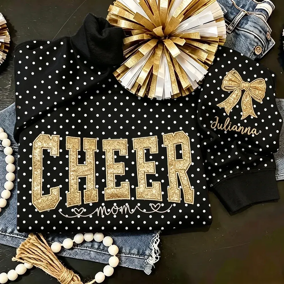 Custom Glitter Embroidered College Cheer Mom Polka Dot Sweatshirt, Gifts for Sports Mom, Game Day Wear