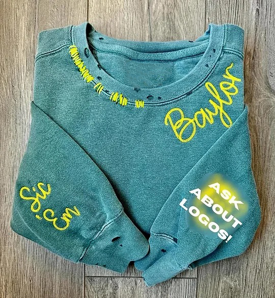 Custom Unisex Distressed Monogram Collar Sleeve Embroidery Chain Stitch Sweatshirt 