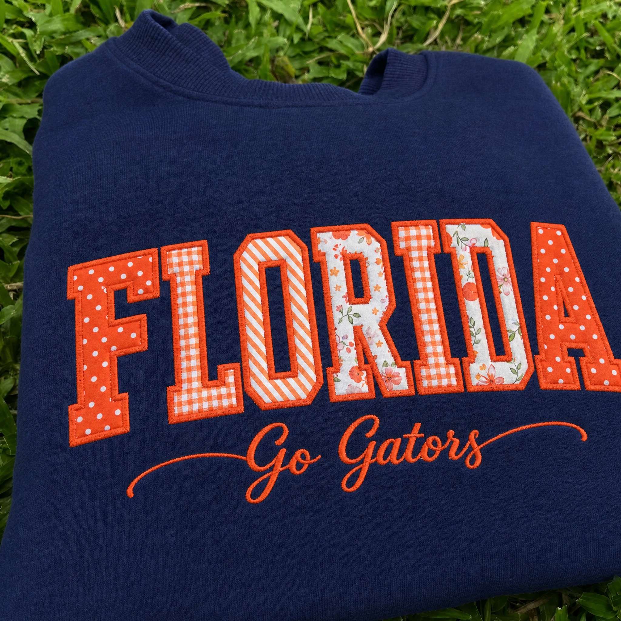 Custom Florida Gators Gamecocks Patchwork Fabric Embroidered Sweatshirt, Personalized Floral Varsity College Sweatshirt