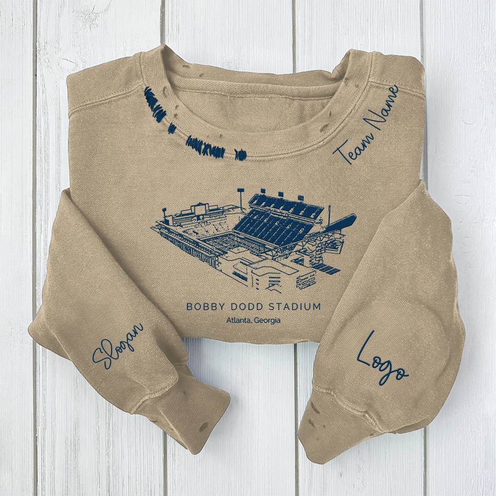 Bobby Dodd Stadium - Georgia Tech Yellow Jackets football Unisex Distressed Monogram Collar Sleeve Embroidery Chain Stitch Sweatshirt