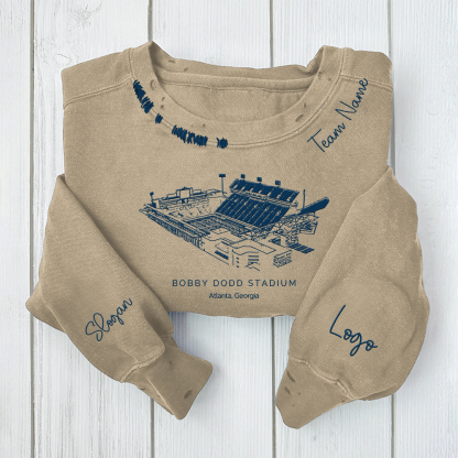 Bobby Dodd Stadium - Georgia Tech Yellow Jackets football Unisex Distressed Monogram Collar Sleeve Embroidery Chain Stitch Sweatshirt