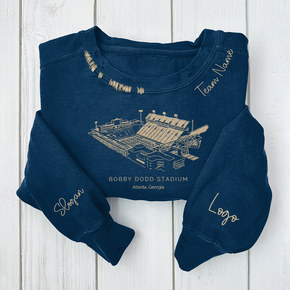 Bobby Dodd Stadium - Georgia Tech Yellow Jackets football Unisex Distressed Monogram Collar Sleeve Embroidery Chain Stitch Sweatshirt