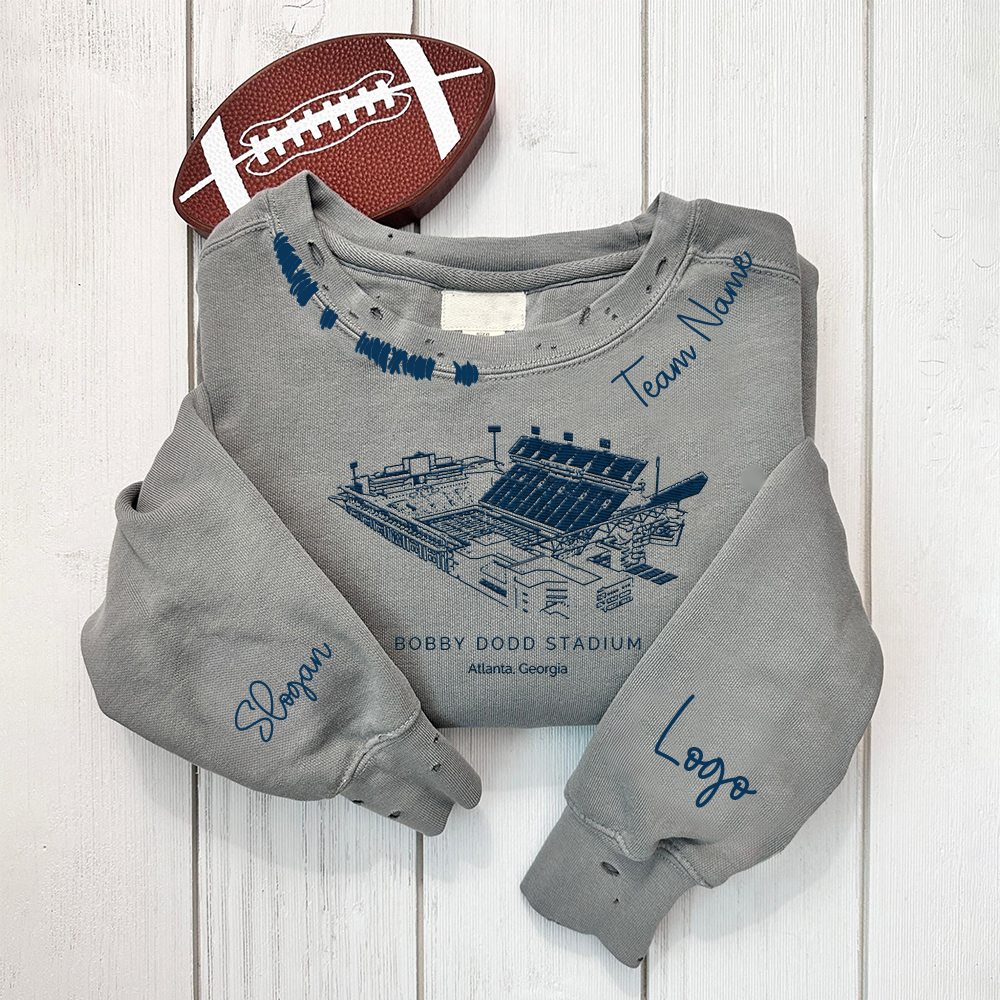 Bobby Dodd Stadium - Georgia Tech Yellow Jackets football Unisex Distressed Monogram Collar Sleeve Embroidery Chain Stitch Sweatshirt