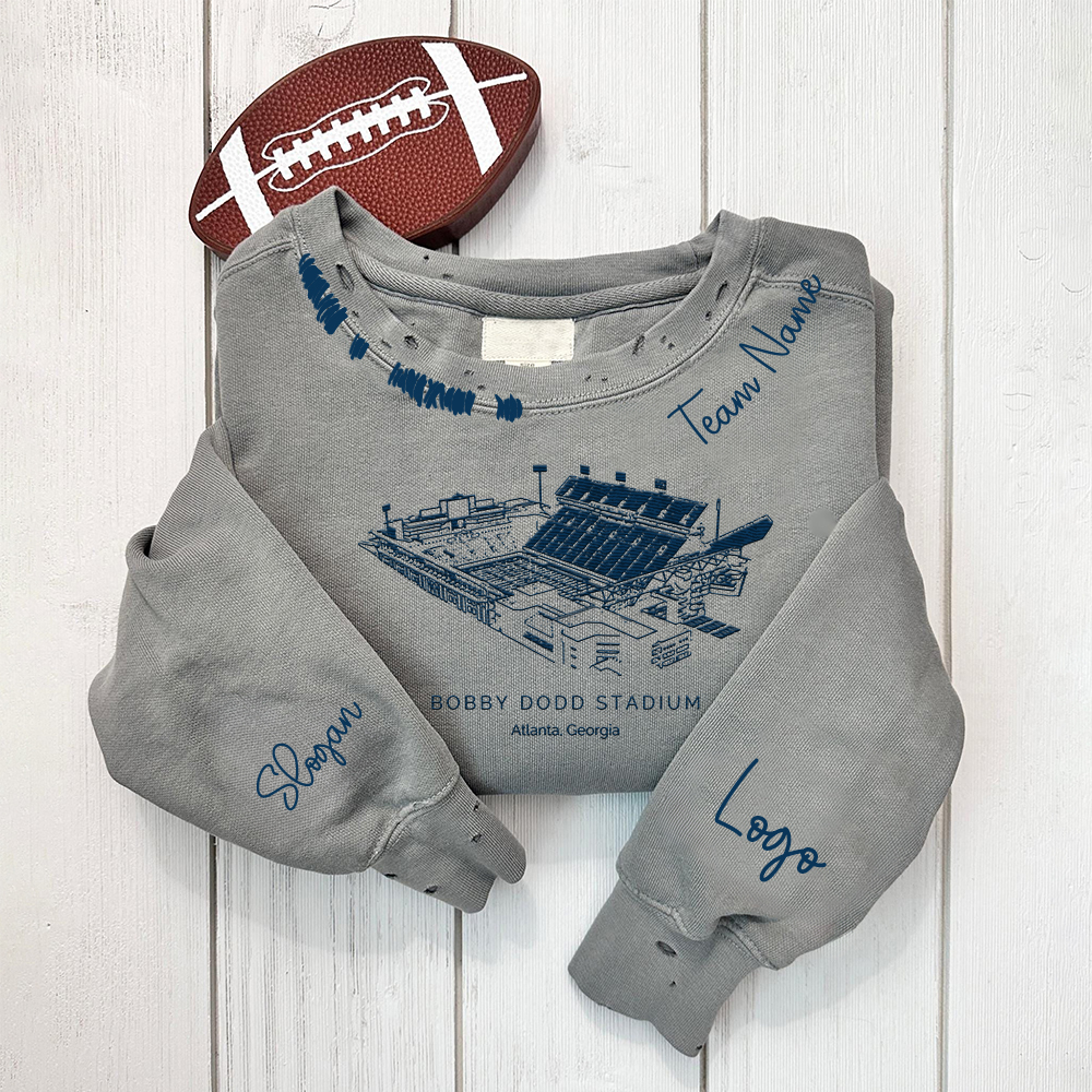 Bobby Dodd Stadium - Georgia Tech Yellow Jackets football Unisex Distressed Monogram Collar Sleeve Embroidery Chain Stitch Sweatshirt