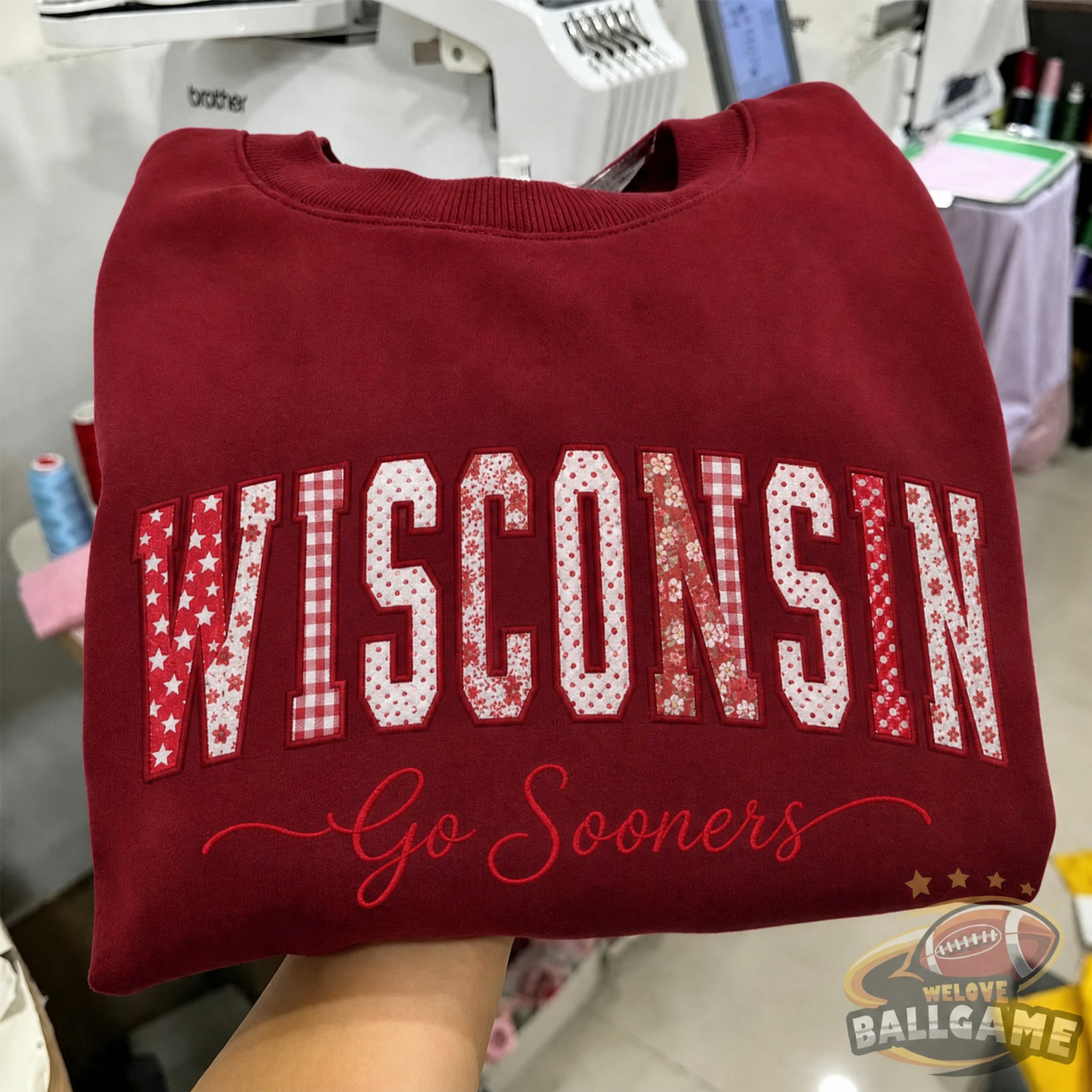 Custom Wisconsin Badgers Patchwork Fabric Embroidered Sweatshirt, Personalized Floral Varsity College Sweatshirt