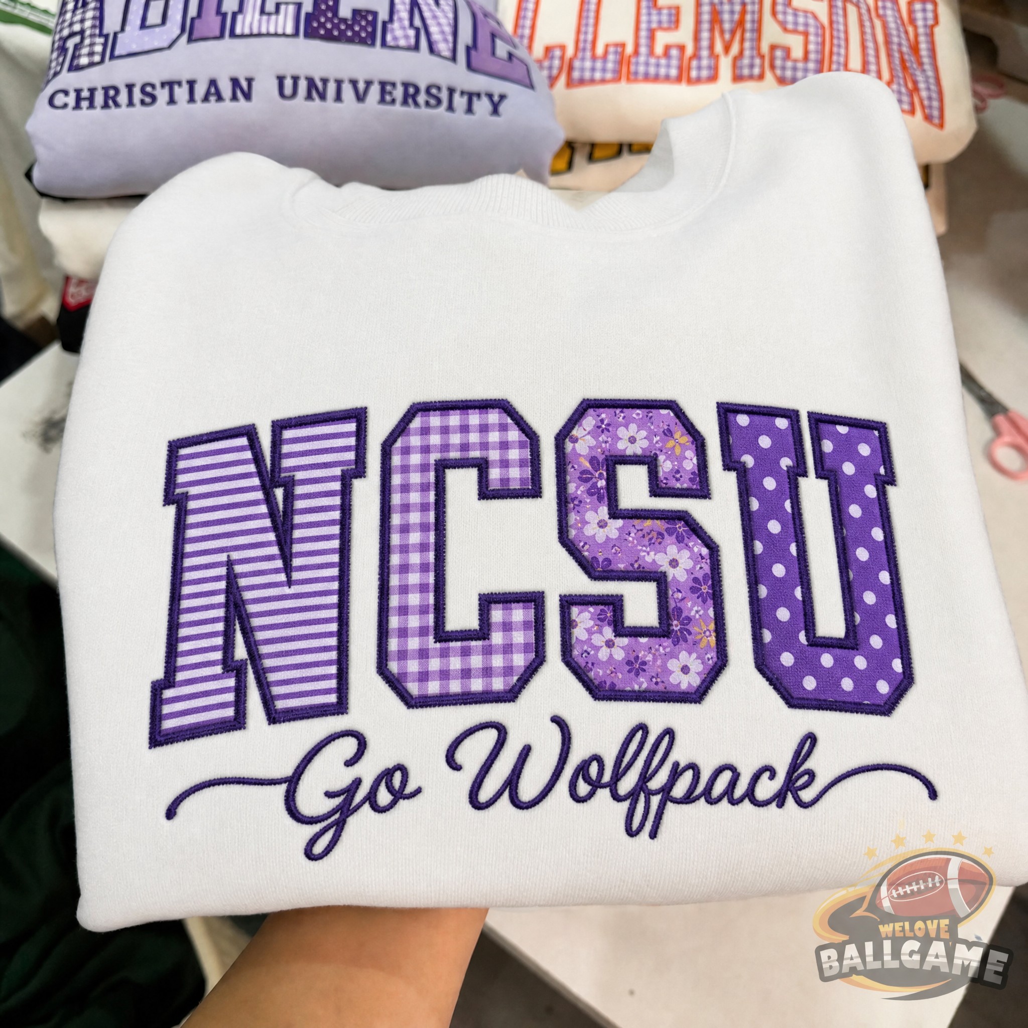 Custom North Carolina State Patchwork Fabric Embroidered Sweatshirt, Personalized Floral Varsity College Sweatshirt