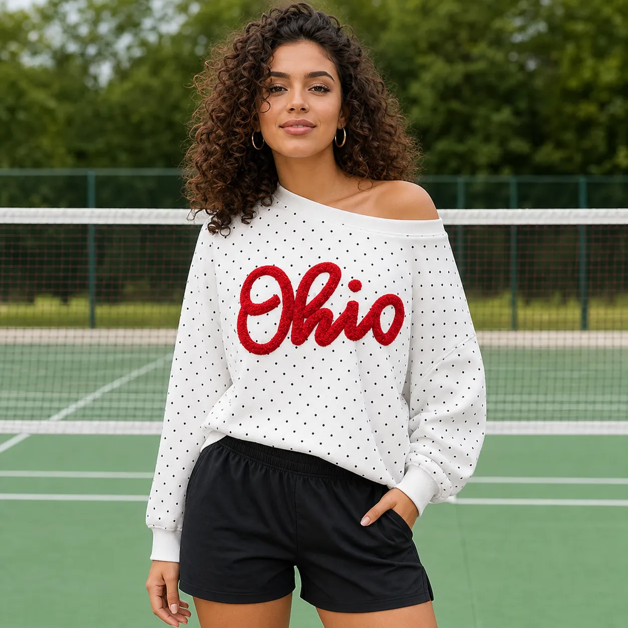 Custom College Chenille Team Name Embroidered Polka Dot Off-Shoulder Sweatshirt - Game Day Wear